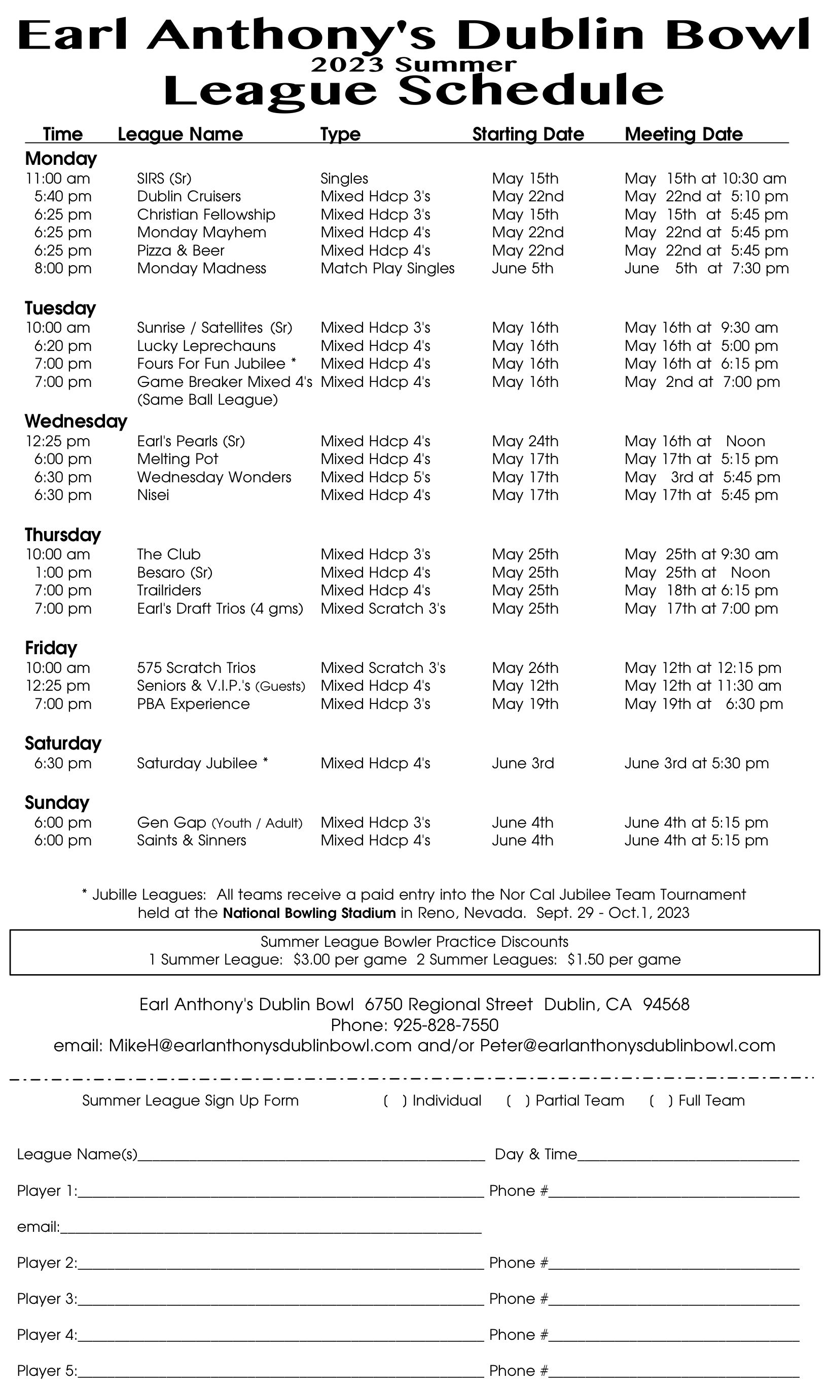 League Schedules Earl Anthony's Dublin Bowl CA, 94568